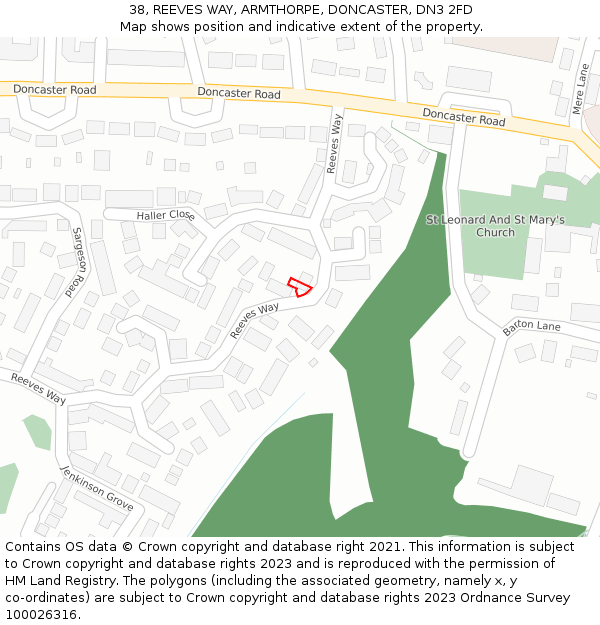 38, REEVES WAY, ARMTHORPE, DONCASTER, DN3 2FD: Location map and indicative extent of plot