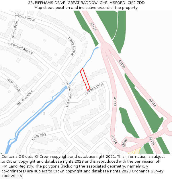 38, RIFFHAMS DRIVE, GREAT BADDOW, CHELMSFORD, CM2 7DD: Location map and indicative extent of plot