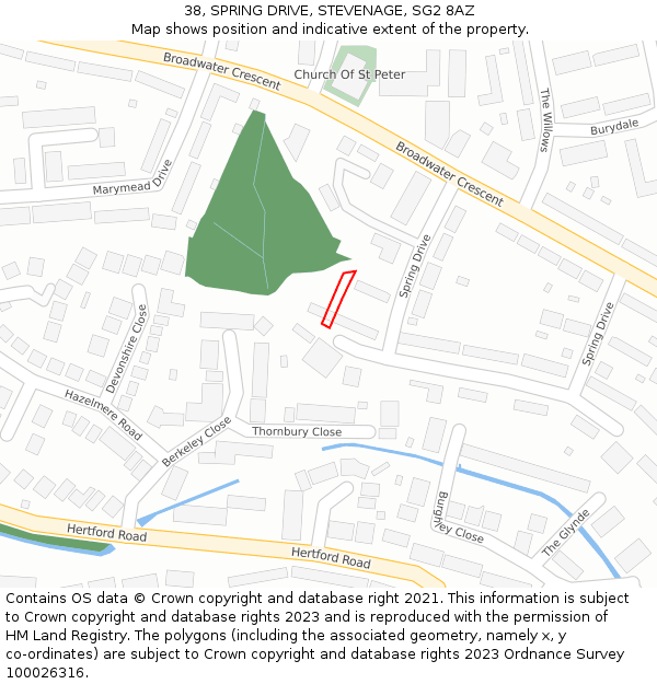 38, SPRING DRIVE, STEVENAGE, SG2 8AZ: Location map and indicative extent of plot