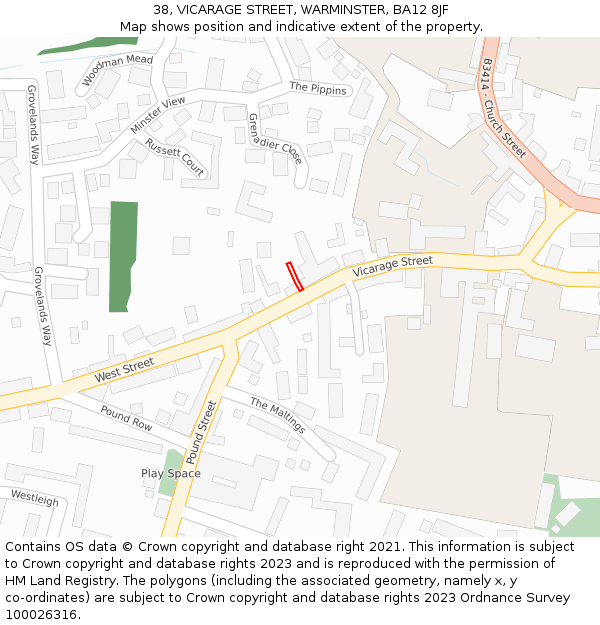 38, VICARAGE STREET, WARMINSTER, BA12 8JF: Location map and indicative extent of plot