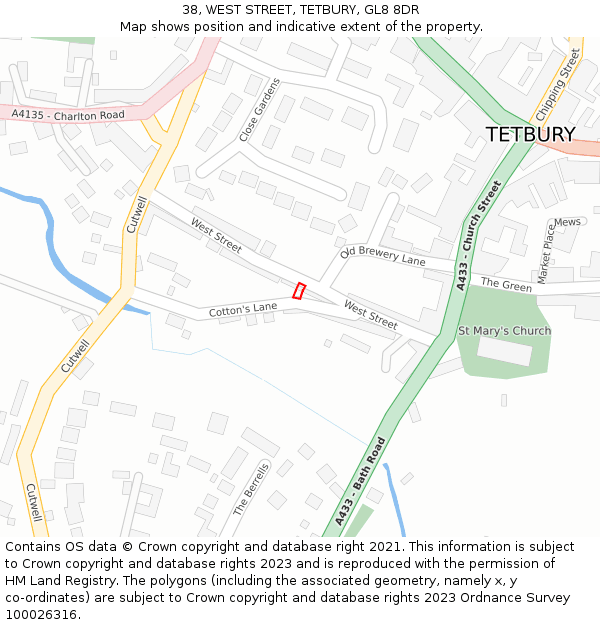 38, WEST STREET, TETBURY, GL8 8DR: Location map and indicative extent of plot