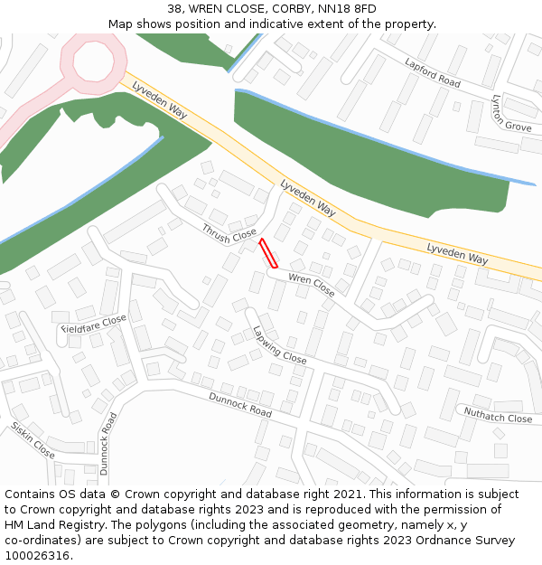 38, WREN CLOSE, CORBY, NN18 8FD: Location map and indicative extent of plot