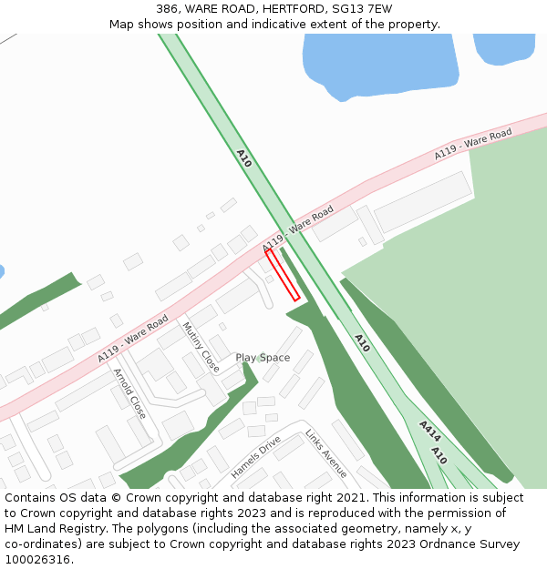 386, WARE ROAD, HERTFORD, SG13 7EW: Location map and indicative extent of plot
