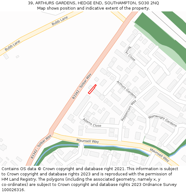 39, ARTHURS GARDENS, HEDGE END, SOUTHAMPTON, SO30 2NQ: Location map and indicative extent of plot