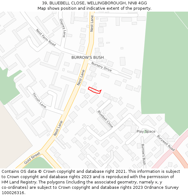 39, BLUEBELL CLOSE, WELLINGBOROUGH, NN8 4GG: Location map and indicative extent of plot