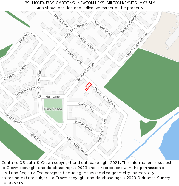 39, HONDURAS GARDENS, NEWTON LEYS, MILTON KEYNES, MK3 5LY: Location map and indicative extent of plot