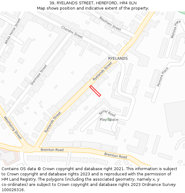 39, RYELANDS STREET, HEREFORD, HR4 0LN: Location map and indicative extent of plot