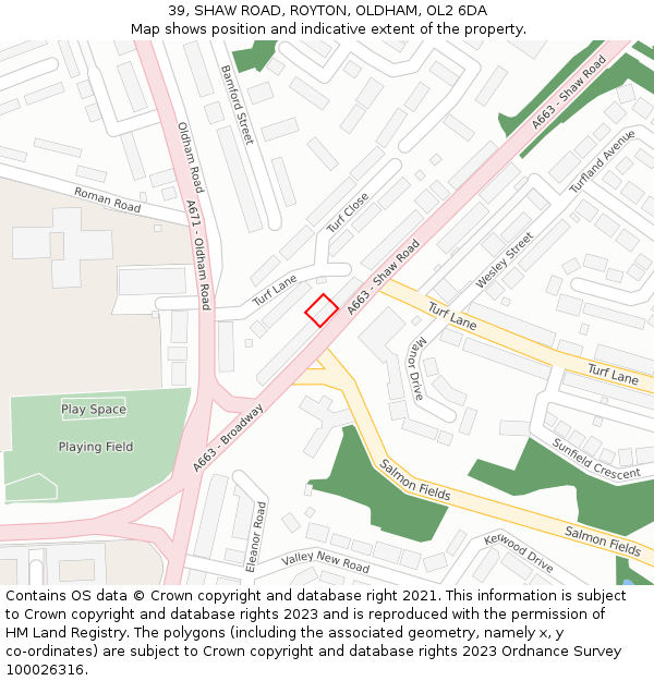 39, SHAW ROAD, ROYTON, OLDHAM, OL2 6DA: Location map and indicative extent of plot