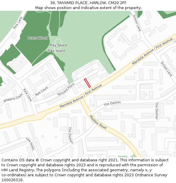 39, TANYARD PLACE, HARLOW, CM20 2FF: Location map and indicative extent of plot