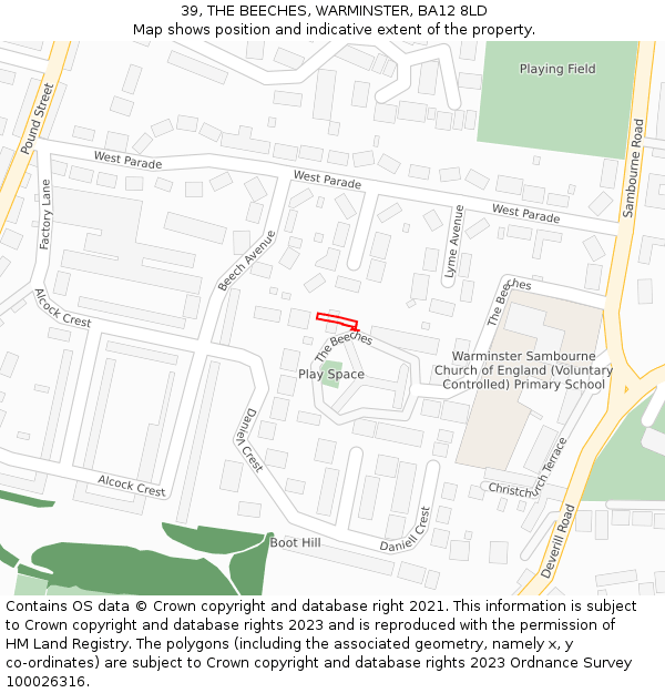 39, THE BEECHES, WARMINSTER, BA12 8LD: Location map and indicative extent of plot
