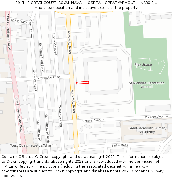 39, THE GREAT COURT, ROYAL NAVAL HOSPITAL, GREAT YARMOUTH, NR30 3JU: Location map and indicative extent of plot