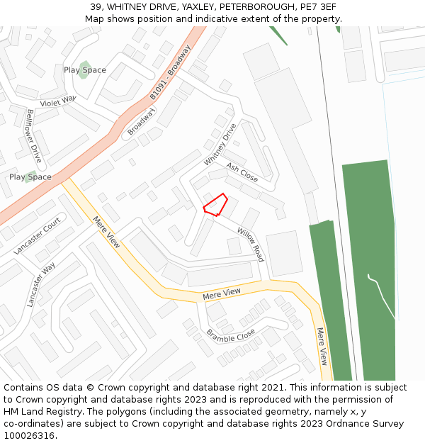 39, WHITNEY DRIVE, YAXLEY, PETERBOROUGH, PE7 3EF: Location map and indicative extent of plot