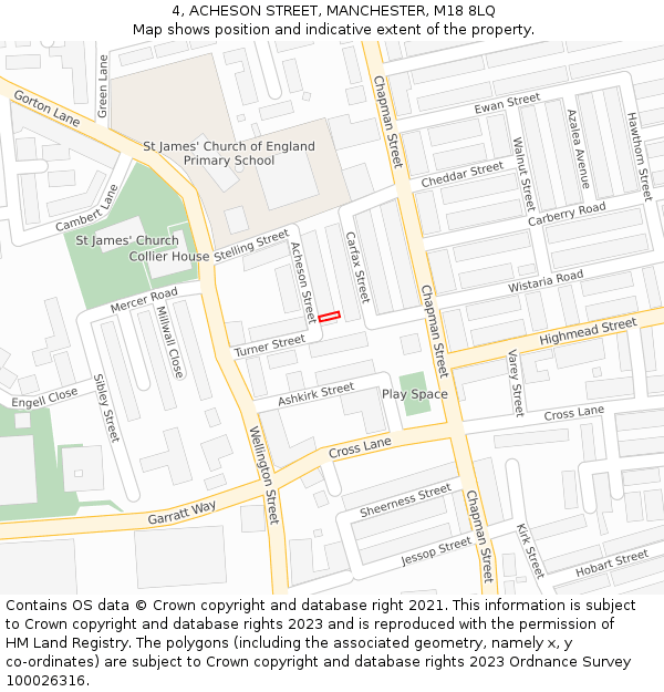 4, ACHESON STREET, MANCHESTER, M18 8LQ: Location map and indicative extent of plot