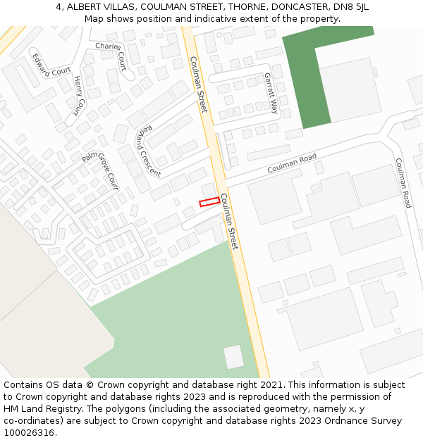 4, ALBERT VILLAS, COULMAN STREET, THORNE, DONCASTER, DN8 5JL: Location map and indicative extent of plot