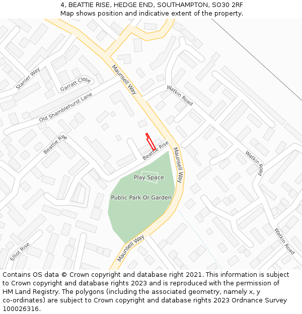 4, BEATTIE RISE, HEDGE END, SOUTHAMPTON, SO30 2RF: Location map and indicative extent of plot