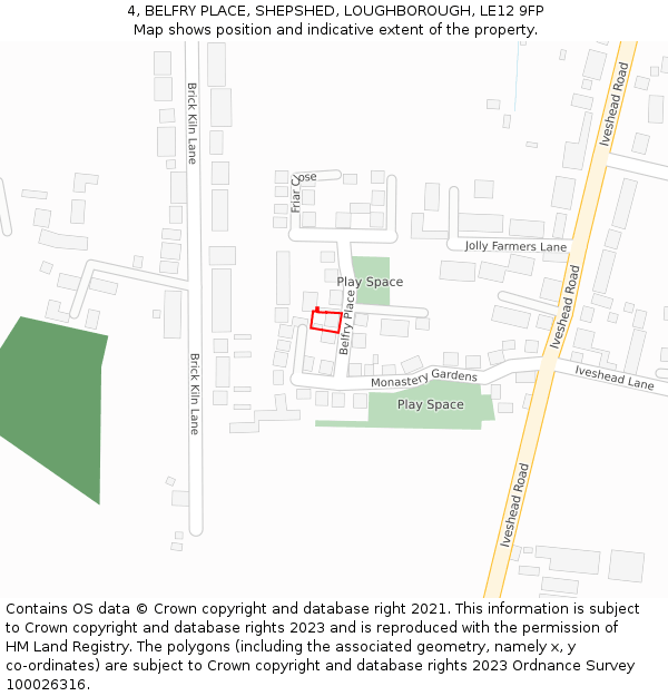 4, BELFRY PLACE, SHEPSHED, LOUGHBOROUGH, LE12 9FP: Location map and indicative extent of plot
