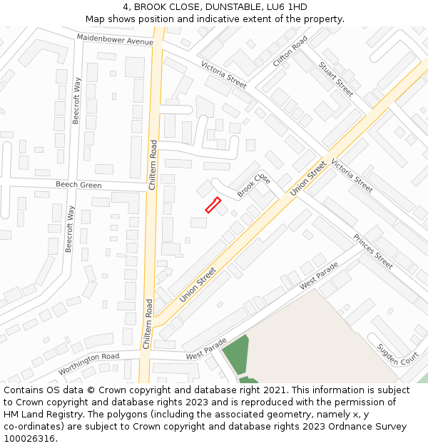 4, BROOK CLOSE, DUNSTABLE, LU6 1HD: Location map and indicative extent of plot
