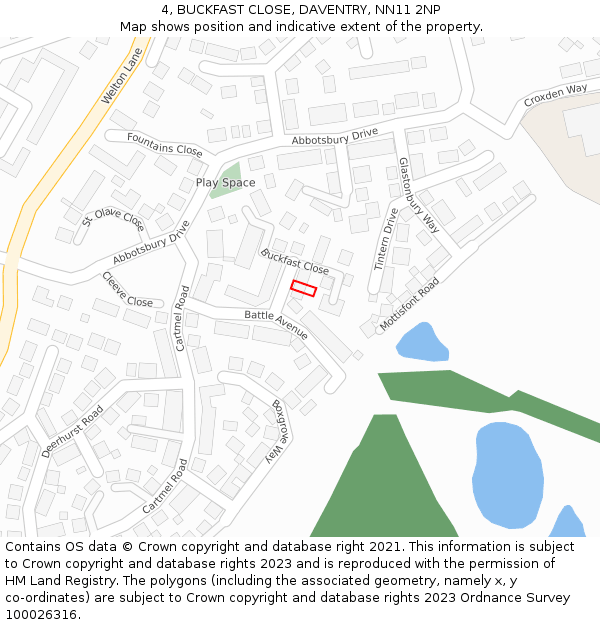 4, BUCKFAST CLOSE, DAVENTRY, NN11 2NP: Location map and indicative extent of plot