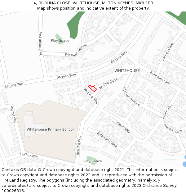 4, BURLINA CLOSE, WHITEHOUSE, MILTON KEYNES, MK8 1EB: Location map and indicative extent of plot