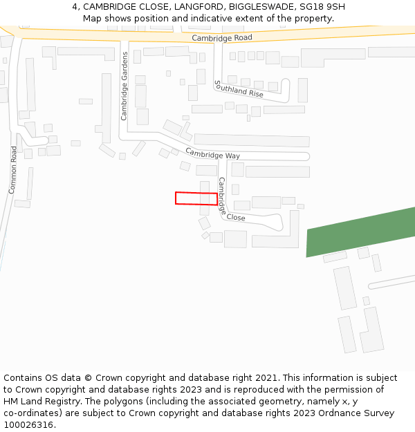 4, CAMBRIDGE CLOSE, LANGFORD, BIGGLESWADE, SG18 9SH: Location map and indicative extent of plot