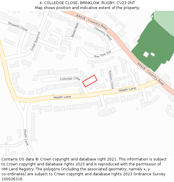 4, COLLEDGE CLOSE, BRINKLOW, RUGBY, CV23 0NT: Location map and indicative extent of plot