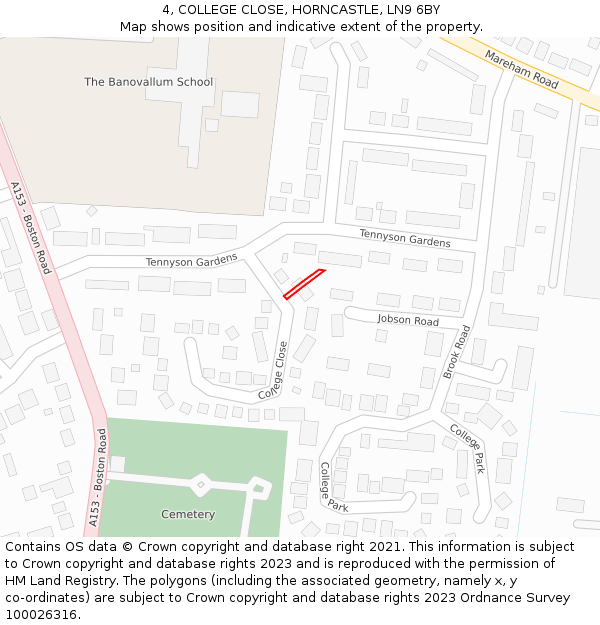 4, COLLEGE CLOSE, HORNCASTLE, LN9 6BY: Location map and indicative extent of plot