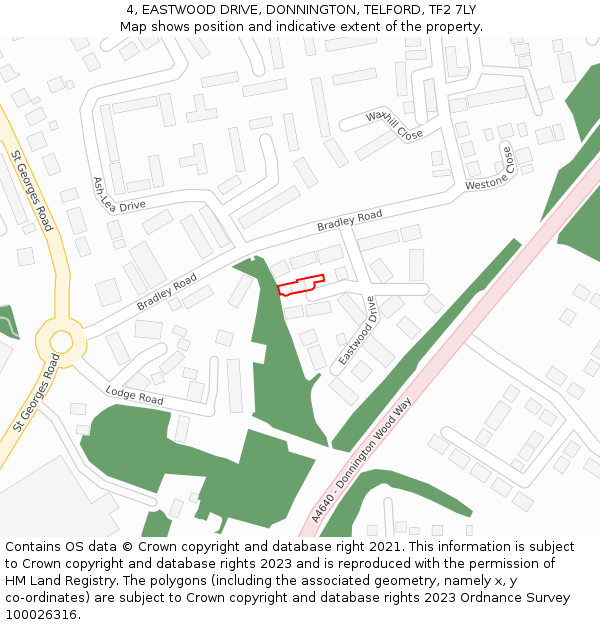 4, EASTWOOD DRIVE, DONNINGTON, TELFORD, TF2 7LY: Location map and indicative extent of plot