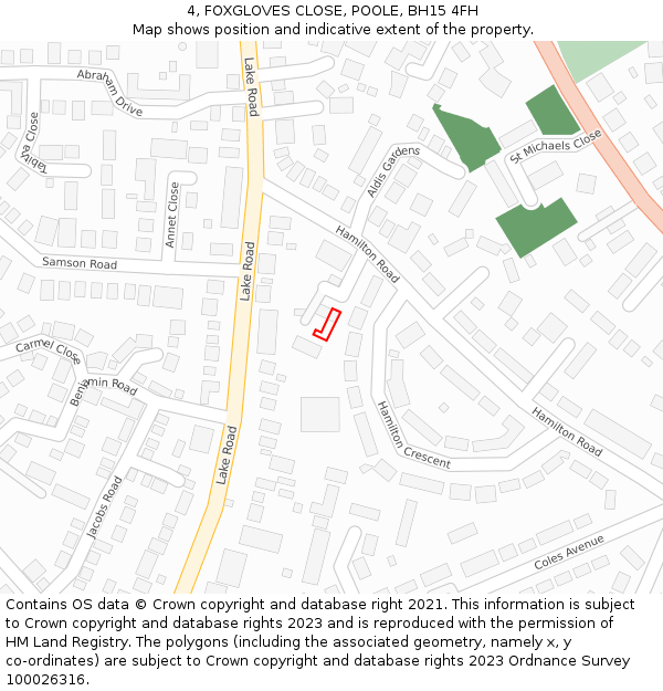 4, FOXGLOVES CLOSE, POOLE, BH15 4FH: Location map and indicative extent of plot