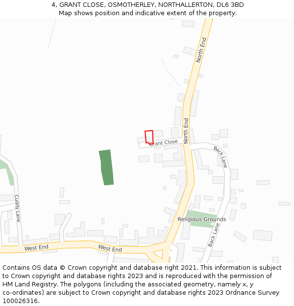 4, GRANT CLOSE, OSMOTHERLEY, NORTHALLERTON, DL6 3BD: Location map and indicative extent of plot