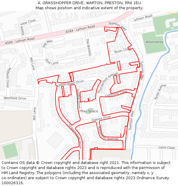 4, GRASSHOPPER DRIVE, WARTON, PRESTON, PR4 1EU: Location map and indicative extent of plot