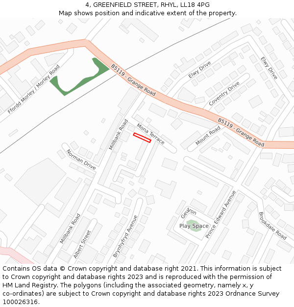 4, GREENFIELD STREET, RHYL, LL18 4PG: Location map and indicative extent of plot