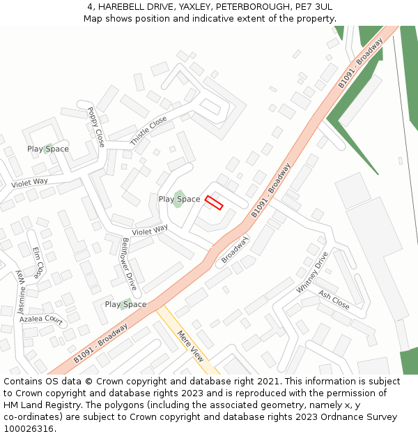 4, HAREBELL DRIVE, YAXLEY, PETERBOROUGH, PE7 3UL: Location map and indicative extent of plot