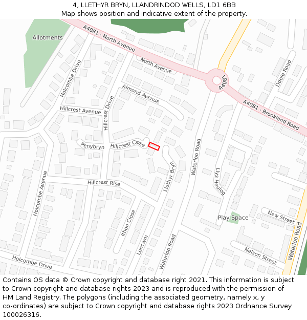 4, LLETHYR BRYN, LLANDRINDOD WELLS, LD1 6BB: Location map and indicative extent of plot
