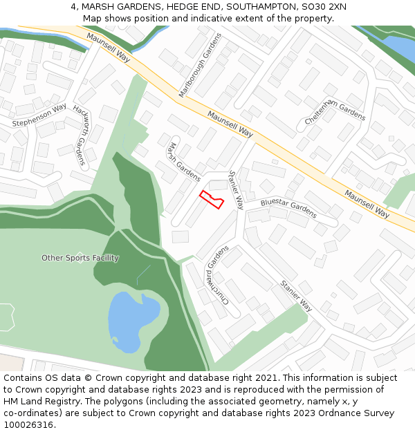 4, MARSH GARDENS, HEDGE END, SOUTHAMPTON, SO30 2XN: Location map and indicative extent of plot