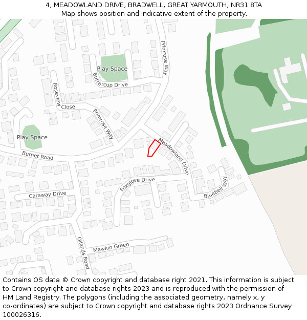 4, MEADOWLAND DRIVE, BRADWELL, GREAT YARMOUTH, NR31 8TA: Location map and indicative extent of plot