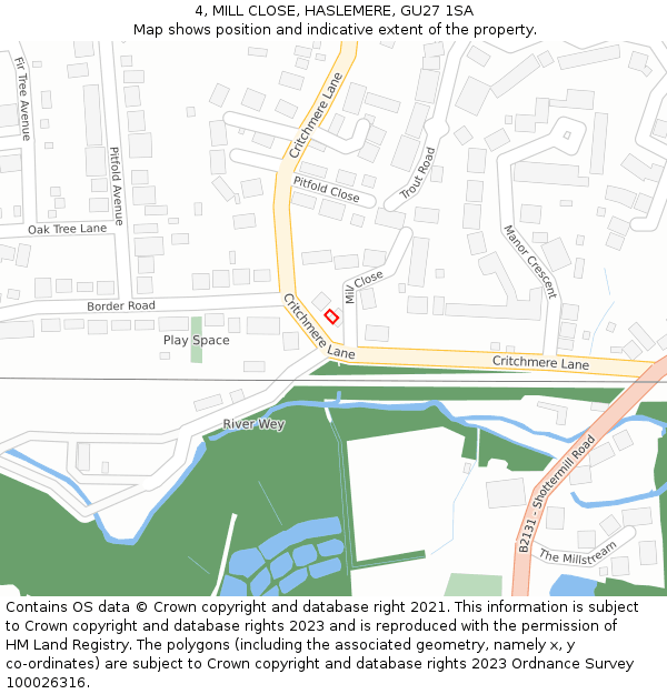 4, MILL CLOSE, HASLEMERE, GU27 1SA: Location map and indicative extent of plot