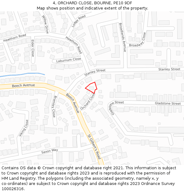 4, ORCHARD CLOSE, BOURNE, PE10 9DF: Location map and indicative extent of plot