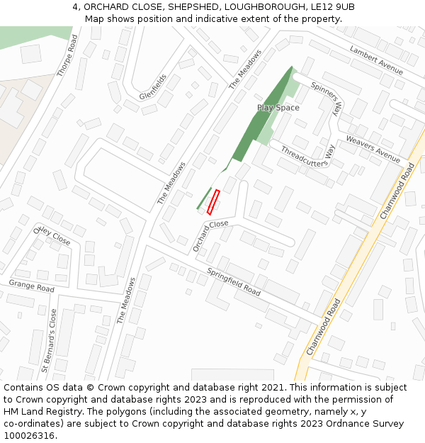 4, ORCHARD CLOSE, SHEPSHED, LOUGHBOROUGH, LE12 9UB: Location map and indicative extent of plot