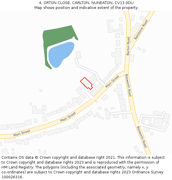 4, ORTON CLOSE, CARLTON, NUNEATON, CV13 0DU: Location map and indicative extent of plot