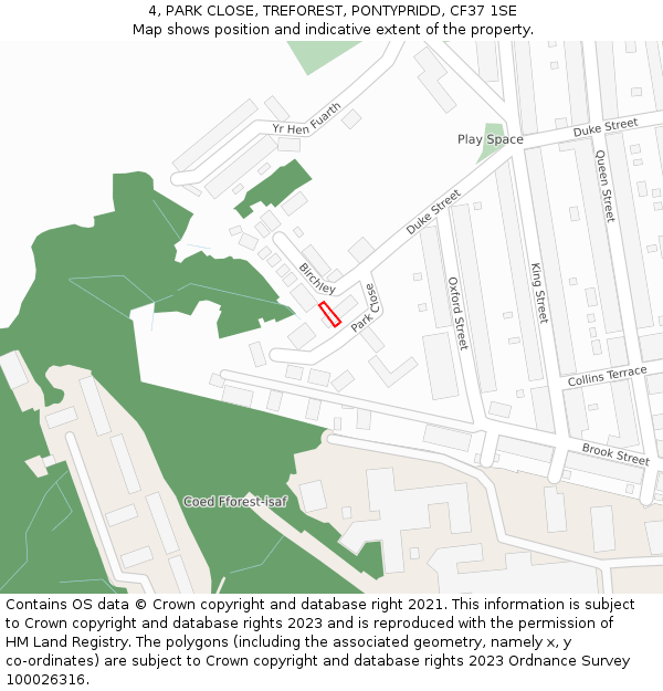 4, PARK CLOSE, TREFOREST, PONTYPRIDD, CF37 1SE: Location map and indicative extent of plot