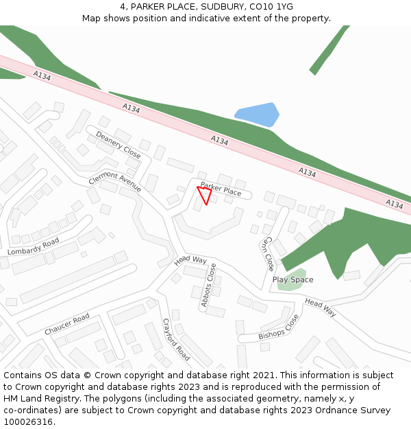 4, PARKER PLACE, SUDBURY, CO10 1YG: Location map and indicative extent of plot