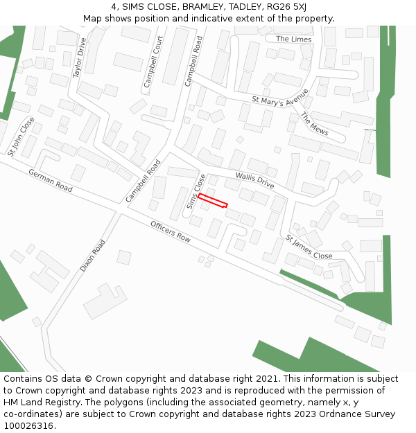 4, SIMS CLOSE, BRAMLEY, TADLEY, RG26 5XJ: Location map and indicative extent of plot