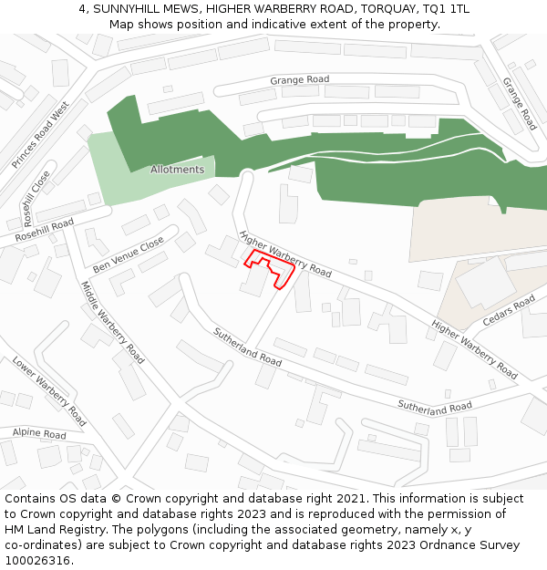 4, SUNNYHILL MEWS, HIGHER WARBERRY ROAD, TORQUAY, TQ1 1TL: Location map and indicative extent of plot