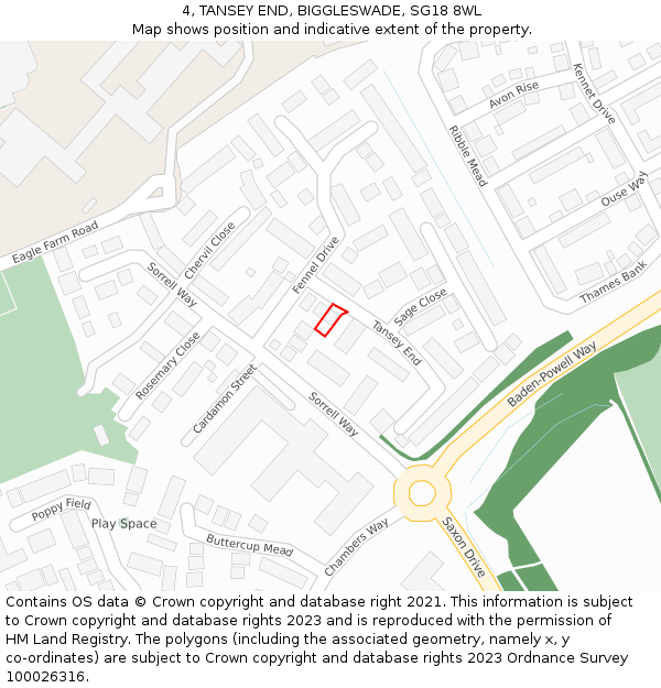 4, TANSEY END, BIGGLESWADE, SG18 8WL: Location map and indicative extent of plot
