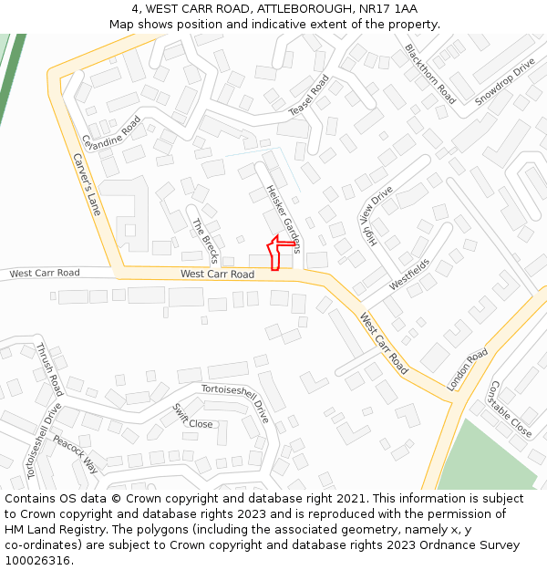 4, WEST CARR ROAD, ATTLEBOROUGH, NR17 1AA: Location map and indicative extent of plot