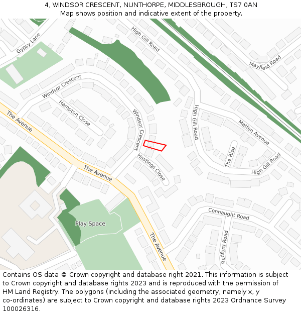 4, WINDSOR CRESCENT, NUNTHORPE, MIDDLESBROUGH, TS7 0AN: Location map and indicative extent of plot