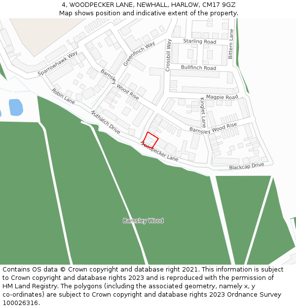 4, WOODPECKER LANE, NEWHALL, HARLOW, CM17 9GZ: Location map and indicative extent of plot