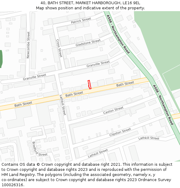 40, BATH STREET, MARKET HARBOROUGH, LE16 9EL: Location map and indicative extent of plot