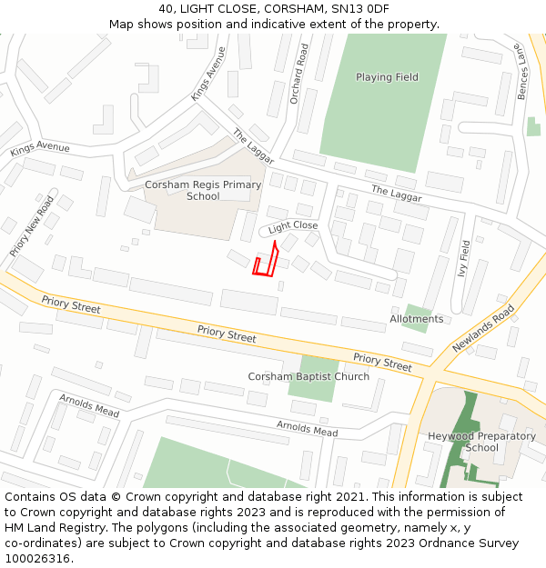 40, LIGHT CLOSE, CORSHAM, SN13 0DF: Location map and indicative extent of plot