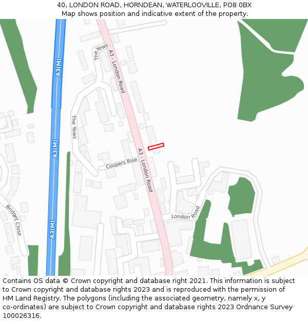 40, LONDON ROAD, HORNDEAN, WATERLOOVILLE, PO8 0BX: Location map and indicative extent of plot